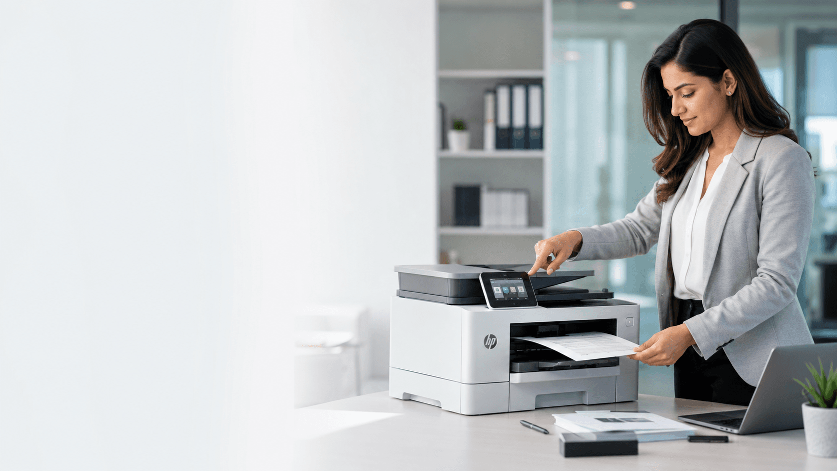 Professional woman using HP printer in modern office setting
